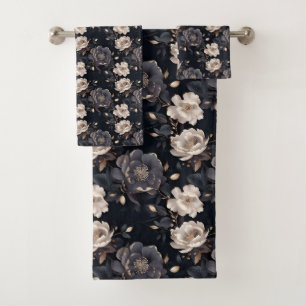 Conjunto De Toalhas Vintage Floral De Creme E Preto-Elegante Escuro