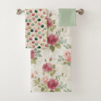 Conjunto De Toalhas Vintage Floral em Tons de Rosa e Salvia em Aquarel