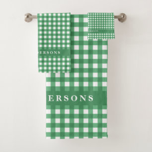 Conjunto De Toalhas Vintage Gingham Xadrez Nome Personalizado   Verde