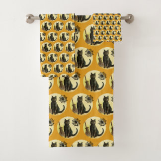Conjunto De Toalhas Vintage Halloween Bathroom Decore Black Cat Spider