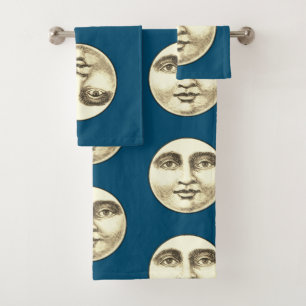 Conjunto De Toalhas Vintage homem na lua cheio encara sepia azul