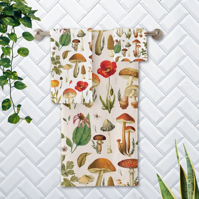 Conjunto De Toalhas Vintage Mushroom e Wildflower Pattern (In situ Bathroom wall)
