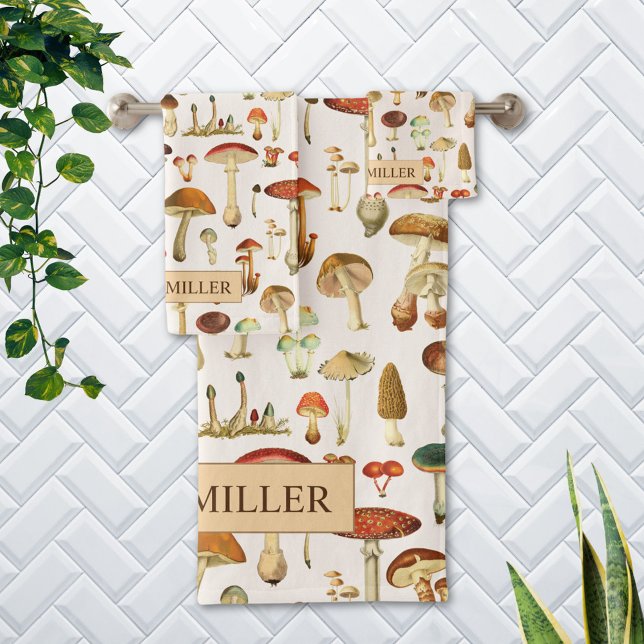 Conjunto De Toalhas Vintage Mushroom Pattern (In situ Bathroom wall)