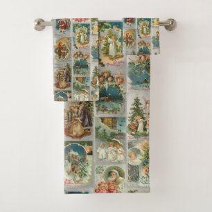 Conjunto De Toalhas Vintage Pai Natal, Anjos e Colagem de Inverno