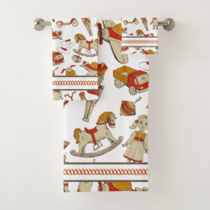 Conjunto De Toalhas Vintage Toy Pattern Red/Dourado ID783