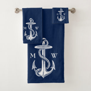 Conjunto De Toalhas Vintage White Anchor Rope Marinho Blue Monograma