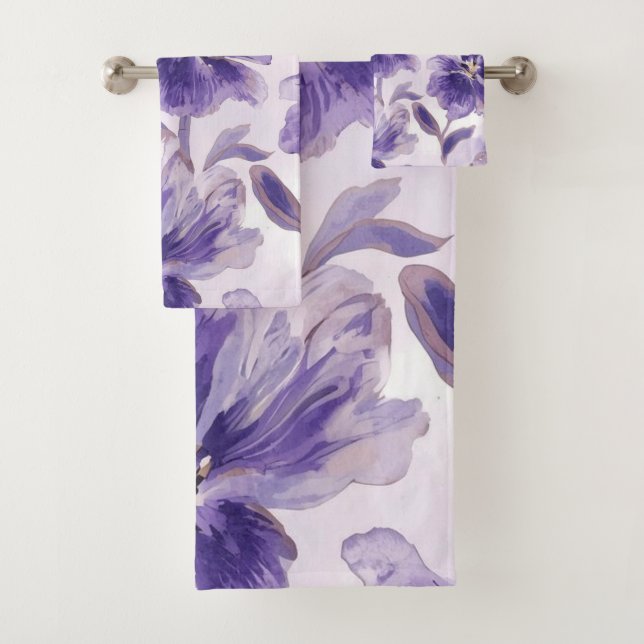 Conjunto De Toalhas Violet Blooms Watercolor Purple Flowers Painted (Insitu)