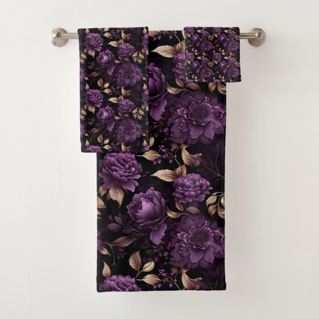 Conjunto De Toalhas Violeta Gótica Botânica Escura E Padrão Dourado (Insitu)