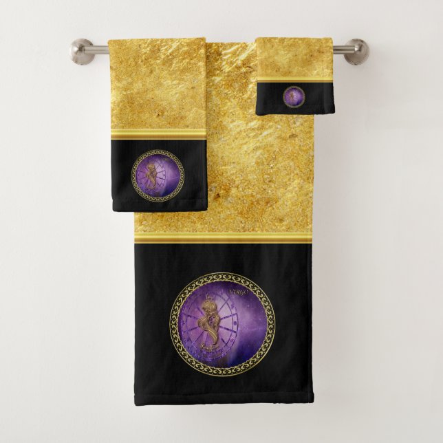 Conjunto De Toalhas virgo Zodiac Astrologia preto e dourado textura (Insitu)