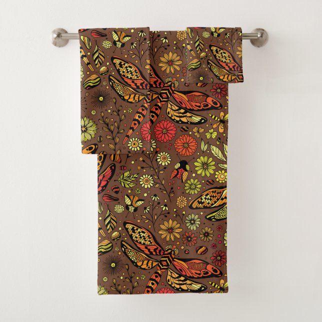 Conjunto De Toalhas Voa, voa libélula sobre canela marrom (Insitu)