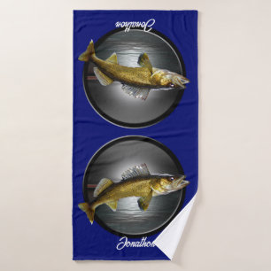 Conjunto De Toalhas Walleye Pikes sobre fundo azul profundo