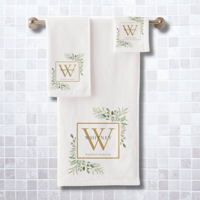 Conjunto De Toalhas Watercolor Granulado Monograma Dourado (Watercolor Greenery Gold Monogram Name Bath Towel Set)