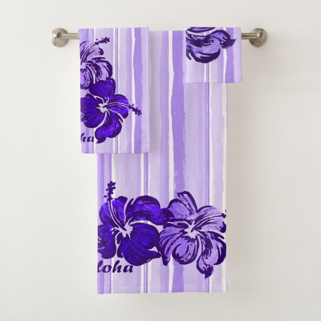 Conjunto De Toalhas Watercolor Hibiscus Hawaiian Stripe - Roxo (Insitu)