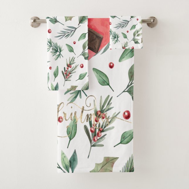 Conjunto De Toalhas Watercolor Holly Berry Greenery (Insitu)