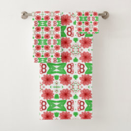 Conjunto De Toalhas Whimsical Red Flowers Green Leaves On White Art