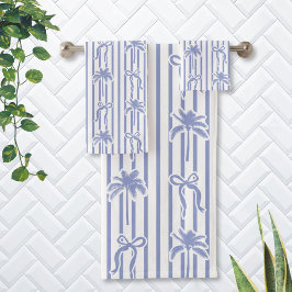 Conjunto De Toalhas White Blue Coastal Palm Trees Bows Stripes Pattern