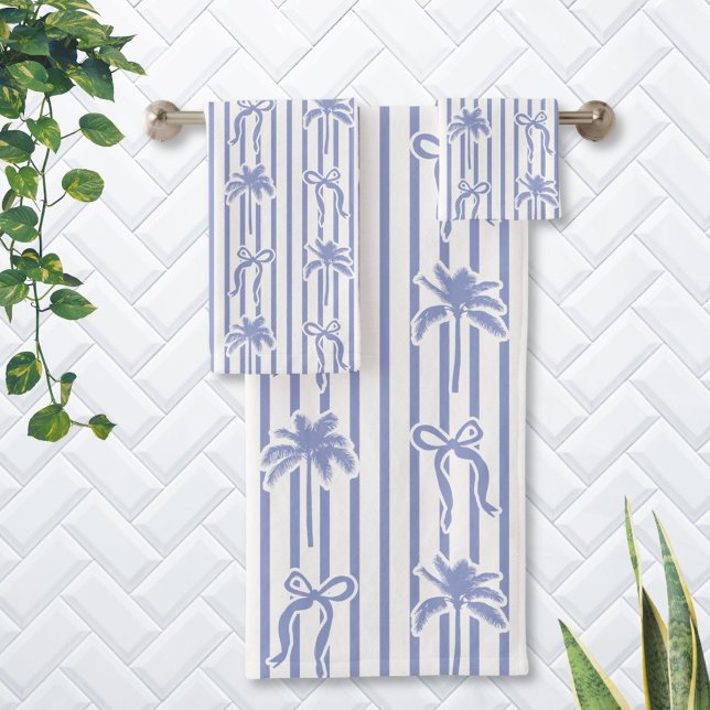 Conjunto De Toalhas White Blue Coastal Palm Trees Bows Stripes Pattern (In situ)