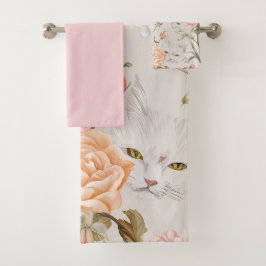 Conjunto De Toalhas White Cats Pink Roses Floral 