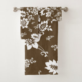 Conjunto De Toalhas White Floral no Fundo Choco Brown