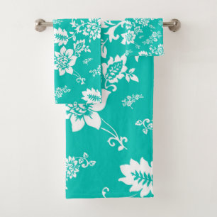 Conjunto De Toalhas White Floral sobre Turquesa
