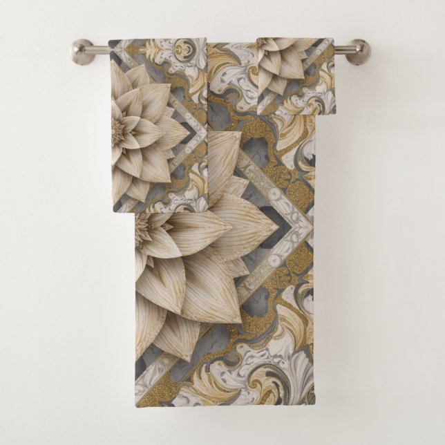 Conjunto De Toalhas white gray gold marble flower Dream Abstract  (Insitu)