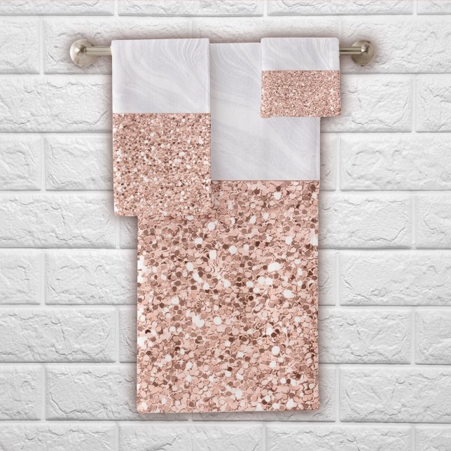 Conjunto De Toalhas White Marble Faux Rose Gold Pink Glitter (Criador carregado)