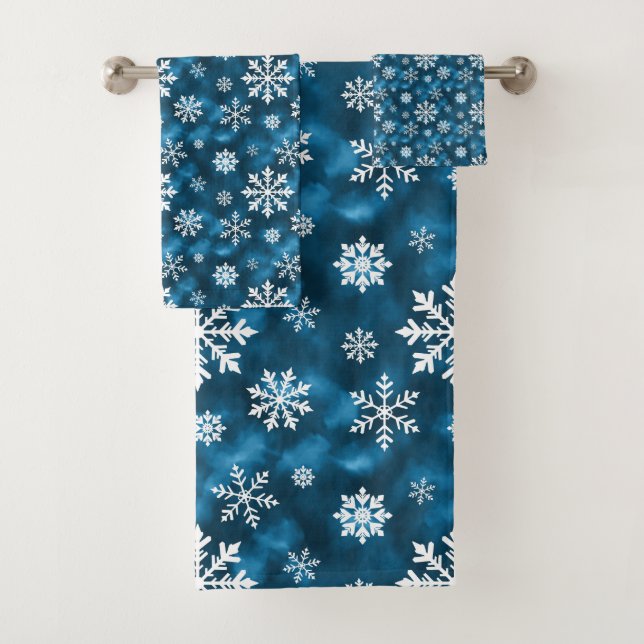 Conjunto De Toalhas White Snowflake Pattern On Blue Winter (Insitu)