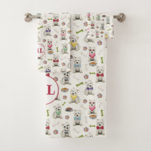 Conjunto De Toalhas White Westies com Acessórios Monograma Whimsical