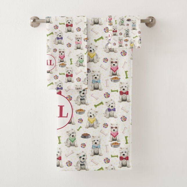 Conjunto De Toalhas White Westies com Acessórios Monograma Whimsical (Insitu)