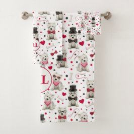 Conjunto De Toalhas White Westies com Acessórios Monograma Whimsical