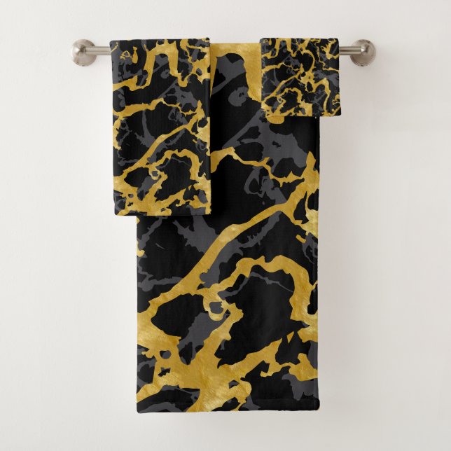 Conjunto De Toalhas Wild Marble 8 - Preto e Dourado, Cinza (Insitu)