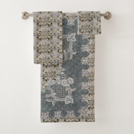 Conjunto De Toalhas William Morris Lodden Cinza Dourado Renda
