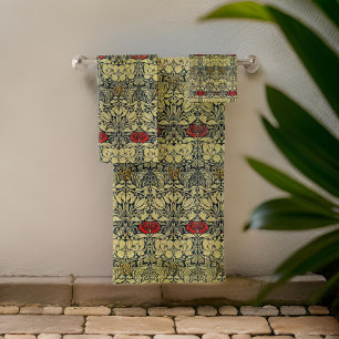 Conjunto De Toalhas William * Morris Tulip e Rosa Dourado Vermelho