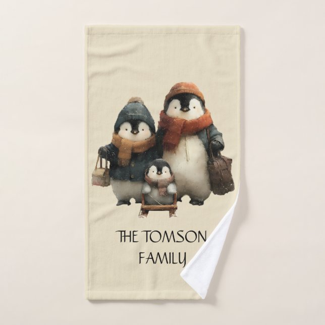 Conjunto De Toalhas Winter Penguin Family Personalized Design (Toalha de mão)