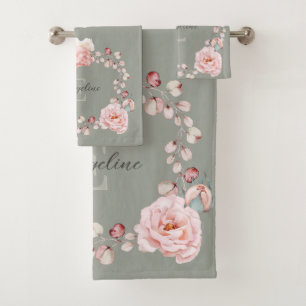 Conjunto De Toalhas Wreath Rosa de Aquarela Personalizada   Sage Green