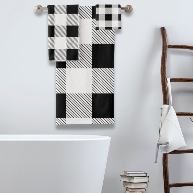 Conjunto De Toalhas xadrez branca e negra da fazenda russa (rustic farmhouse chic black and white plaid bath towel set)