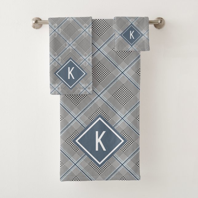 Conjunto De Toalhas Xadrez Cinza Azul Branco, Monogramado (Insitu)