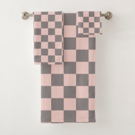Conjunto De Toalhas Xadrez Cinza e Rosa