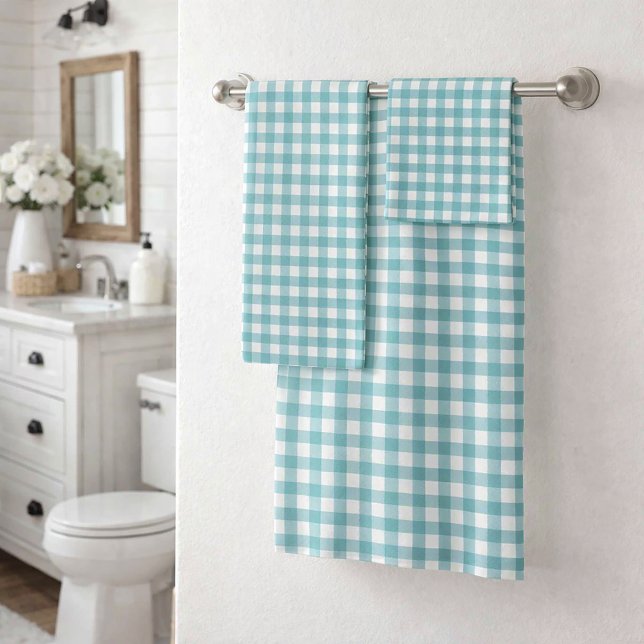Conjunto De Toalhas Xadrez de gingham azul-petróleo e branco (A towel set featuring a teal and white gingham plaid pattern.)