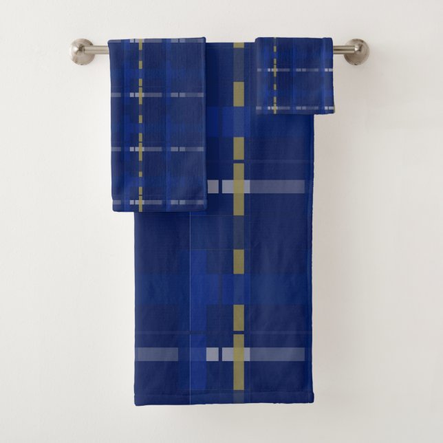 Conjunto De Toalhas xadrez em azul sobre azul, ouro e prata (Insitu)