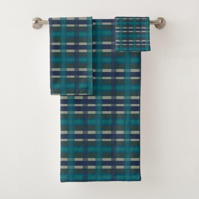 Conjunto De Toalhas Xadrez Escocês Azul Verde Roxo E Turquesa (Insitu)
