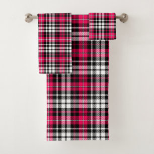 Conjunto De Toalhas Xadrez Escocês Rosa Preto Branco
