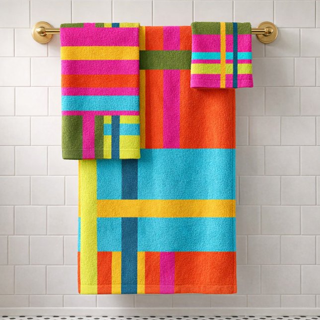 Conjunto De Toalhas Xadrez Geométrico Abstrato Moderno Ousado (India inspired towel set showing a geometric mix of abstract stripes, creating a fun plaid variation)