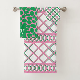 Conjunto De Toalhas Xadrez Maximalista Préppy Rosa e Verde Monograma