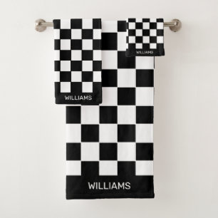Conjunto De Toalhas Xadrez Preto e Branco Abstrato Personalizado