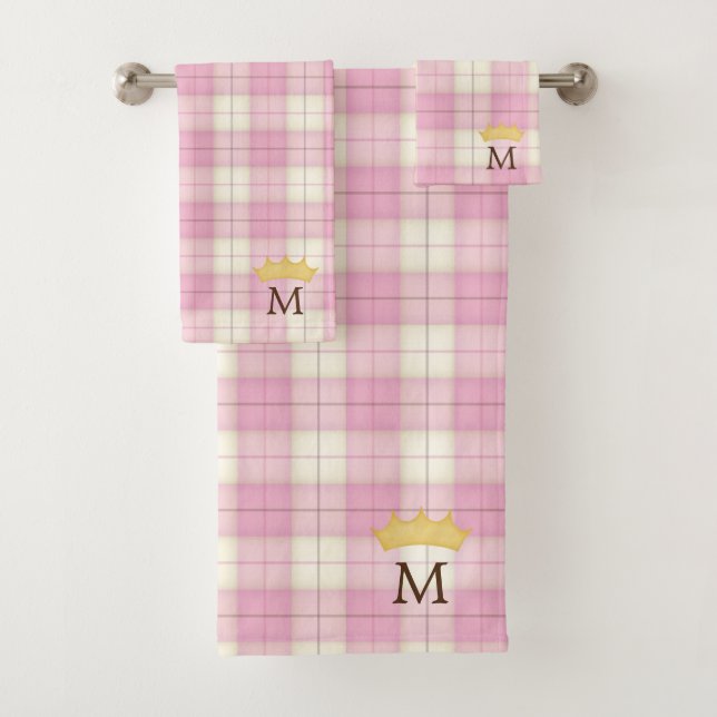 Conjunto De Toalhas Xadrez rosa Tartan Crowned Monogramas Princess (Insitu)