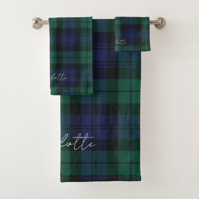 Conjunto De Toalhas Xadrez Rústico Elegante Script Verde Tartan Person (Insitu)