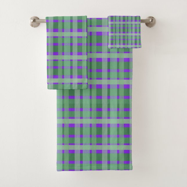 Conjunto De Toalhas Xadrez Tartan Verde Listras No Roxo  (Insitu)