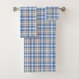 Conjunto De Toalhas Xadrez Taupe Tartan Azul