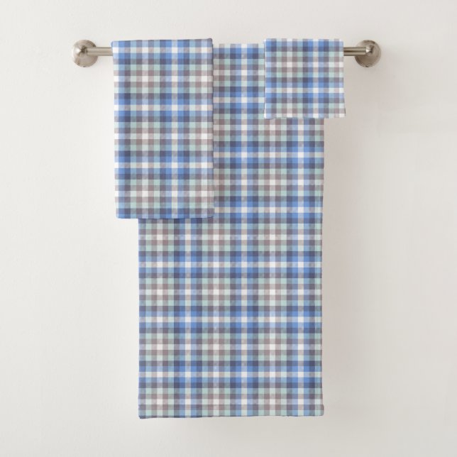 Conjunto De Toalhas Xadrez Taupe Tartan Azul (Insitu)